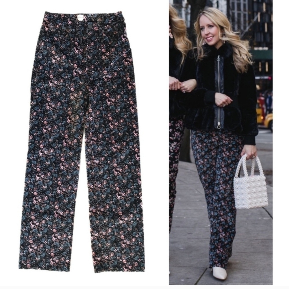 La Vie Rebecca Taylor Lisette Floral cotton Velvet High Waist Pants new